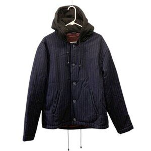 Yoon Hooded Quilted Jacket Mens US L Navy Vertical Stripe Designer Winter Coat
